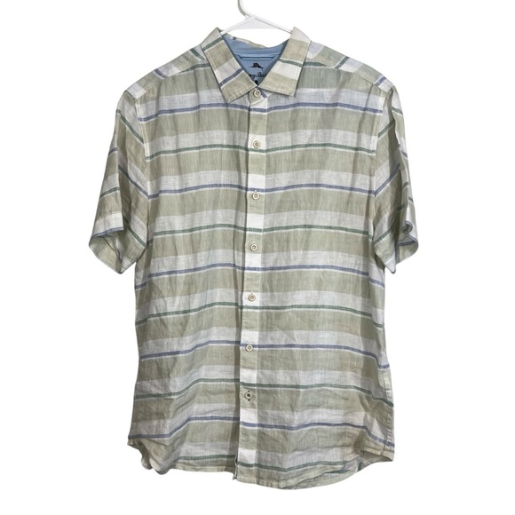 Tommy Bahama Relax Shirt Mens Size L Blue Green Linen Stripe Button Up Resort - Picture 1 of 11